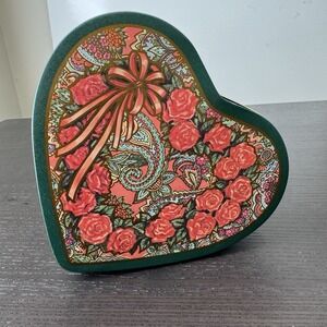 Vintage Heart Tin: Nobel‎ Hall 1980s Paisley Rose Print Red GREEN holidays